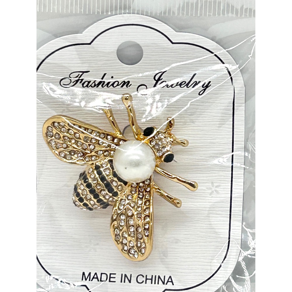 Gold Tone Honey Bee Brooch Pin Faux Pearl Rhinestone Insect Jewelry New
